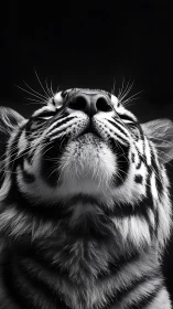 Gentle tiger close‑up basking in quiet monochrome light.