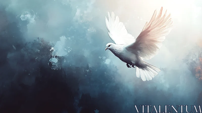 White dove soars through luminous misty blue sky