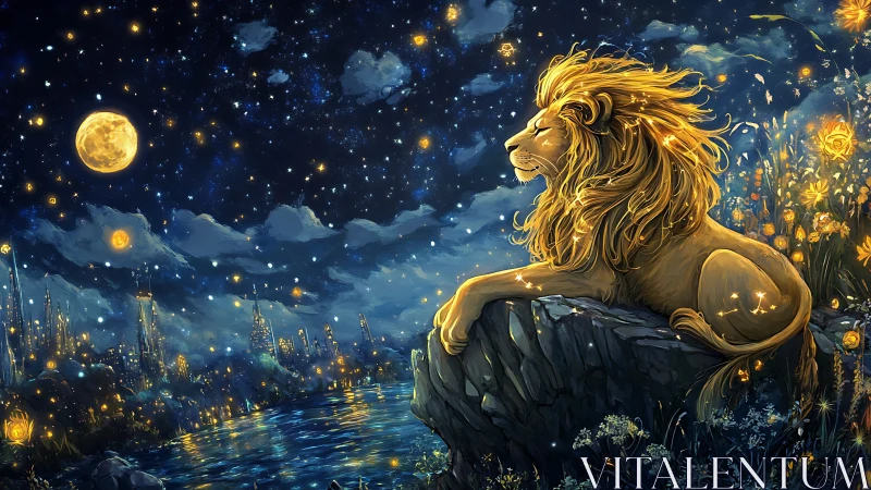 Regal celestial lion overlooks luminous river under stars