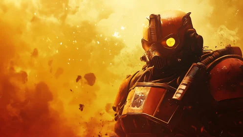 Armored sci fi soldier stands in bright yellow explosive cloud