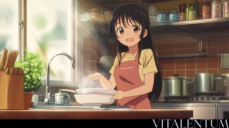 Smiling anime girl cooks beside sunlit kitchen window