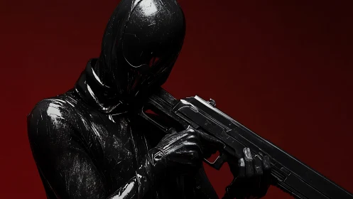 Obsidian gunner leans into crimson silence and gleaming threat