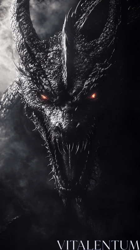 Night-forged dragon roaring amid swirling embers and smoke.