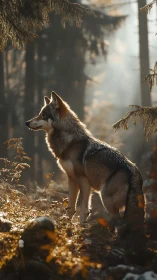 Wolf stands in golden backlight within misty forest clearing