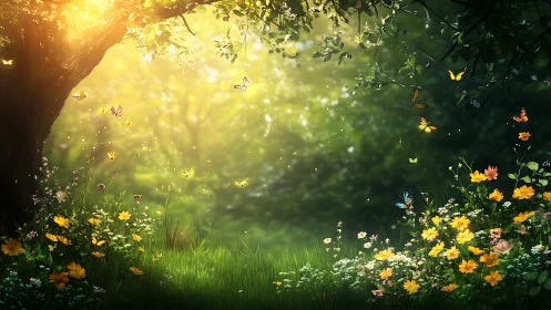 Enchanted Sunlit Meadow with Butterflies in Dreamy Fantasy Style.
