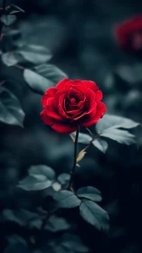 Vivid Red Rose Blooming Against Dark Moody Background.