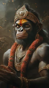 Regal monkey warrior radiates divine strength in smoky dusk