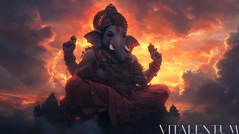 Fiery clouds cradle Ganesha seated in serene cosmic poise