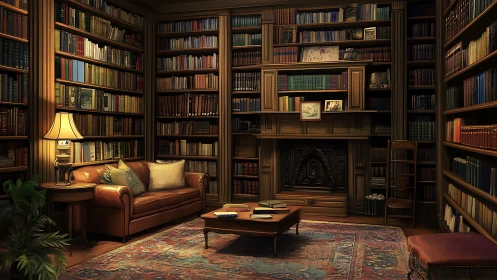 Digital painting of classic wood‑panelled private library interior.