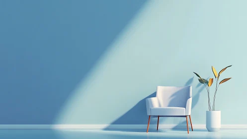 White armchair and plant against blue wall in hard sunlight