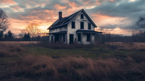 Weather-beaten farmhouse lingers beneath a smoldering dusk sky
