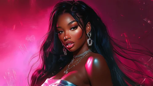 Radiant woman glows in dreamy pink neon digital portrait