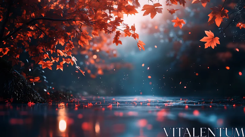 Red maple leaves hang over reflective water in soft light