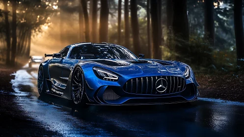 Sleek blue supercar glides through a misty forest road at dawn