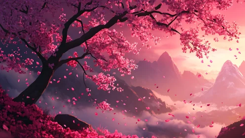 Petal storm over dreamlit mountains at rose-gold dawn.