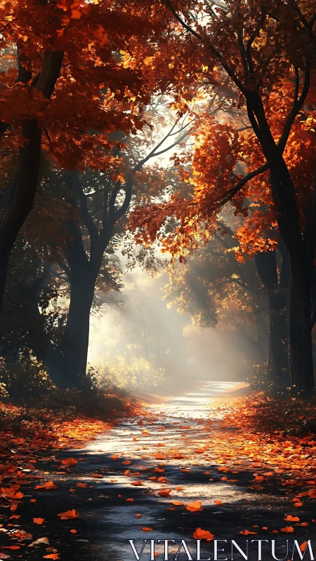 Autumn's Luminous Corridor: Where Fire Meets Mist