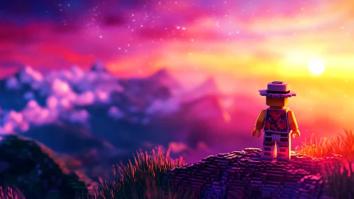 Brick-sized wanderer greeting a neon sugarstorm sunrise.