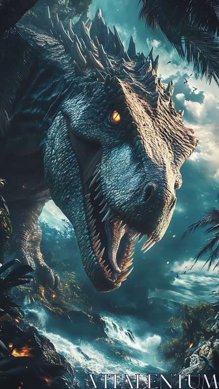 Stormlit jungle titan roars above thunderous primeval falls.
