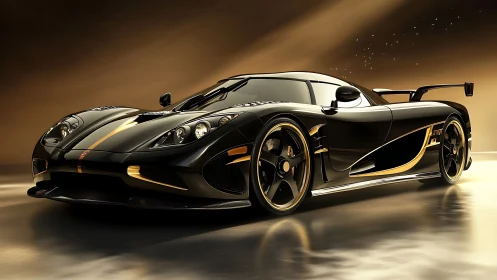 Black gold hypercar under dramatic studio lighting.