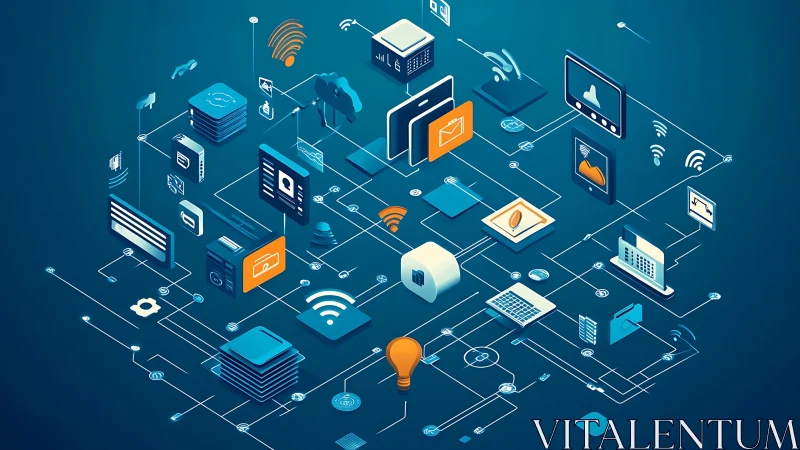 Isometric network of digital devices and data icons.