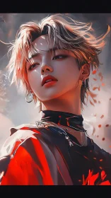 Stylized portrait of androgynous figure in red garment.