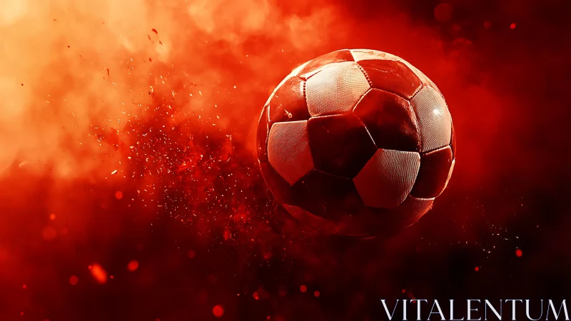 Photorealistic soccer ball amid dynamic red particle burst.