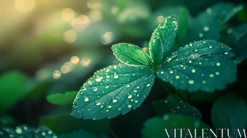 Dew-covered leaf macro in luminous backlit garden setting.