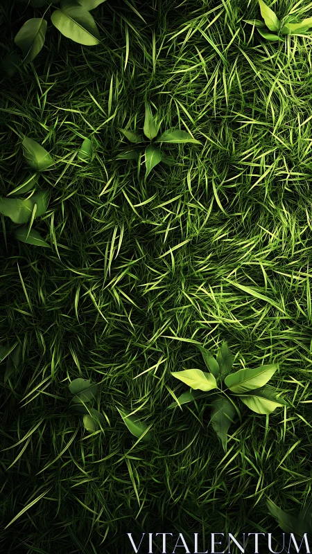 High-contrast grass canopy with emergent leaf rosettes cluster.