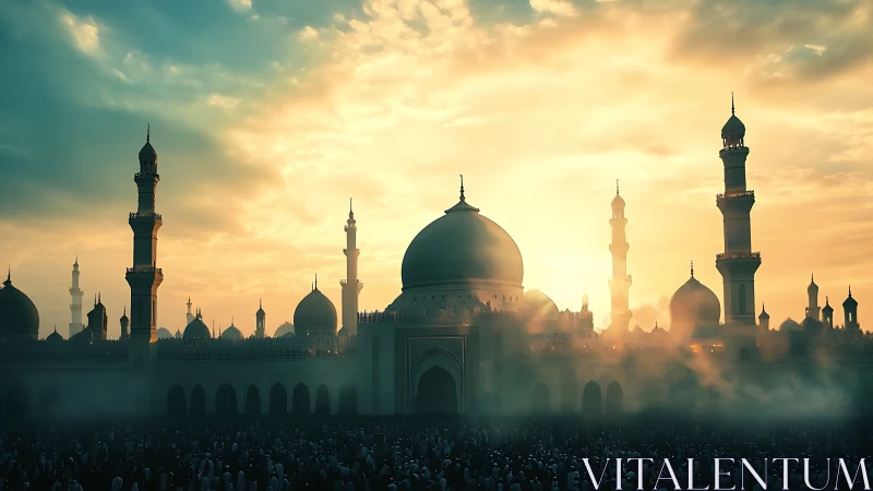 Grand mosque skyline at sunrise with crowded courtyard.