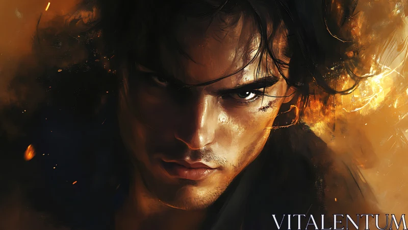 Intense male portrait amid swirling orange flames.