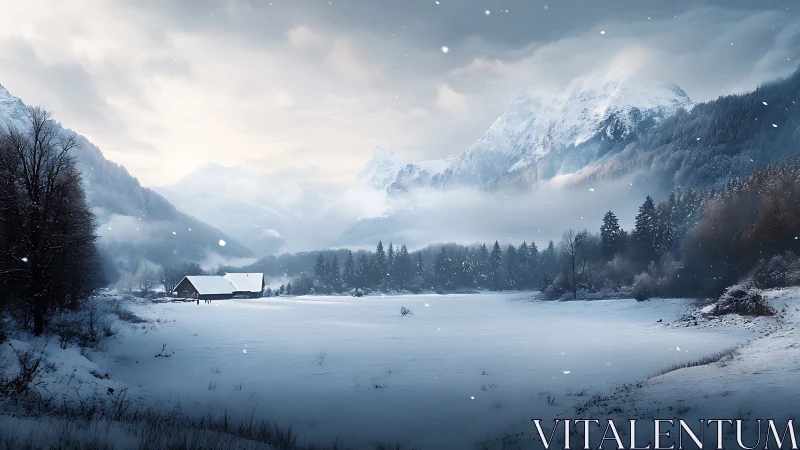 Silent winter valley cradles a lone cabin beneath Alps