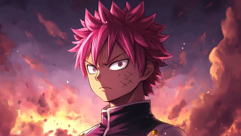 Intense pink haired anime fighter framed by volumetric fire clouds
