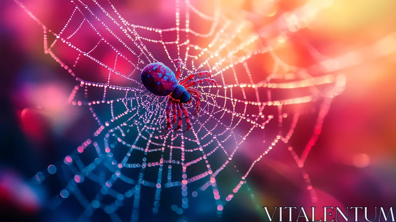 Spider on dewy web against vivid pink blue bokeh glow.