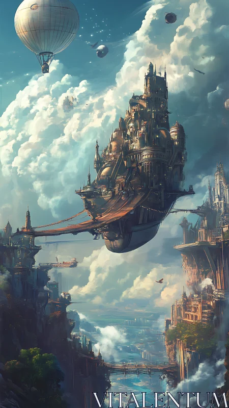 Skyborne steampunk citadel gliding through sunlit clouds.