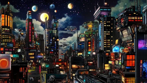Neon sci fi megacity glows under crowded planetary night sky