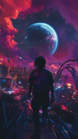 Solitary figure overlooks neon city beneath colossal moon