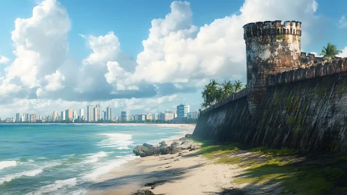Weathered coastal fortress beside bright modern skyline.