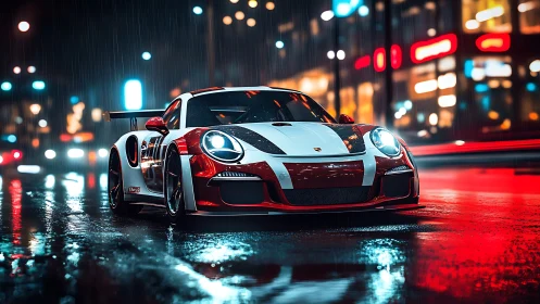 Racing Porsche on wet neon city street at night scene.