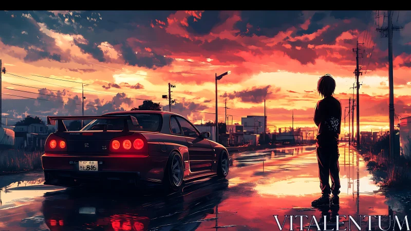 Street racer skyline under neon sunset reflections.