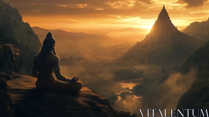Meditating ascetic overlooking tiered mountain temple at sunrise