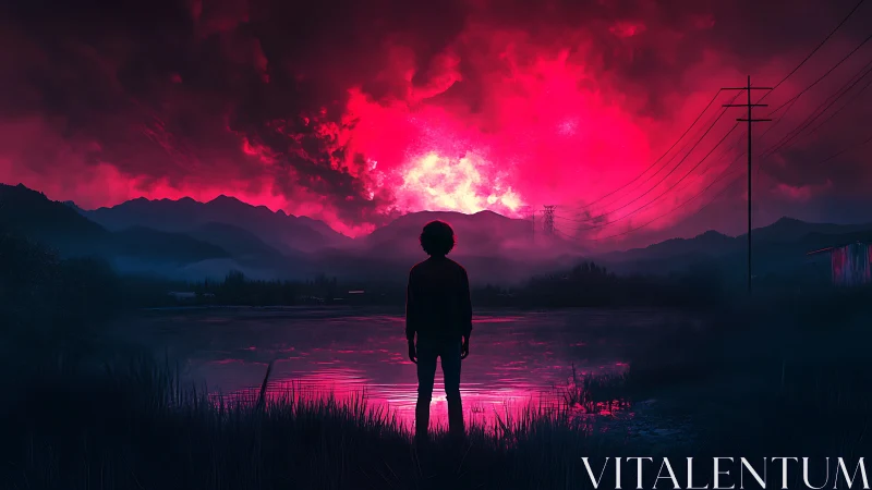 Silhouetted figure before neon storm over reflective lake at dusk.