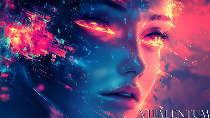 Neon dream construct with blazing eyes in digital twilight.