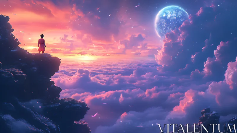 Solitary anime figure on cliff above nebula cloudscape at dusk