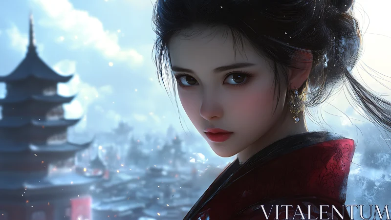 Digital portrait of woman in red robe before pagoda city.