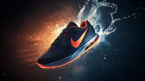 Dynamic running shoe with orange accent in water splash.