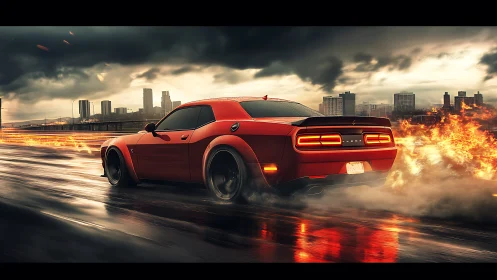 Red muscle car drifts through blazing city highway storm.
