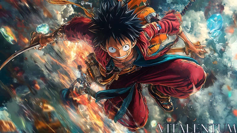 Energetic anime pirate leaps through swirling fiery sky.