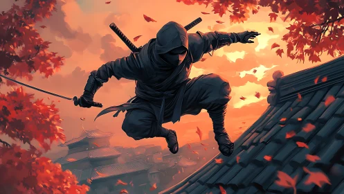 Ninja poised on tiled rooftop amid blazing autumn sky.