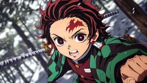 Dynamic anime swordsman in winter forest combat charge