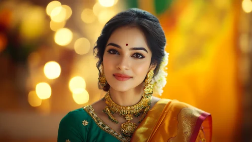 Golden saree glow around a serene, jewel-lit festival smile.